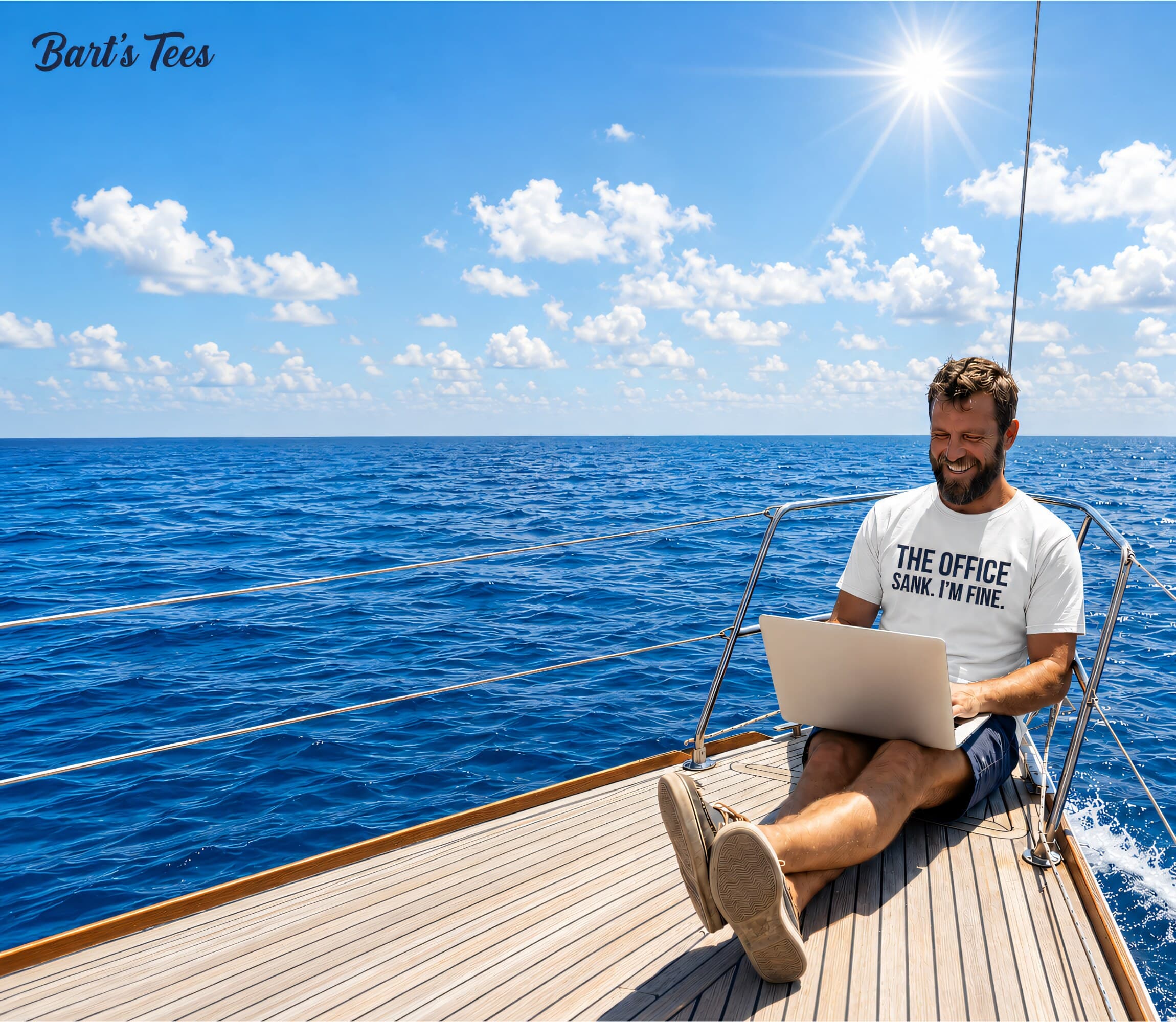 The office sank, I'm fine. Operator working from a laptop on the bow of a boat at sea